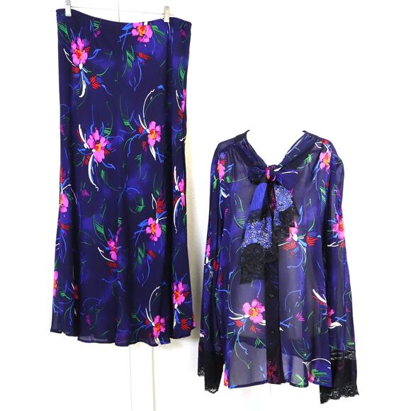 Vintage 90s Y2K Floral Maxi Skirt Set Outfit Pussybow Blouse Tie Large Fairycore - Picture 1 of 9